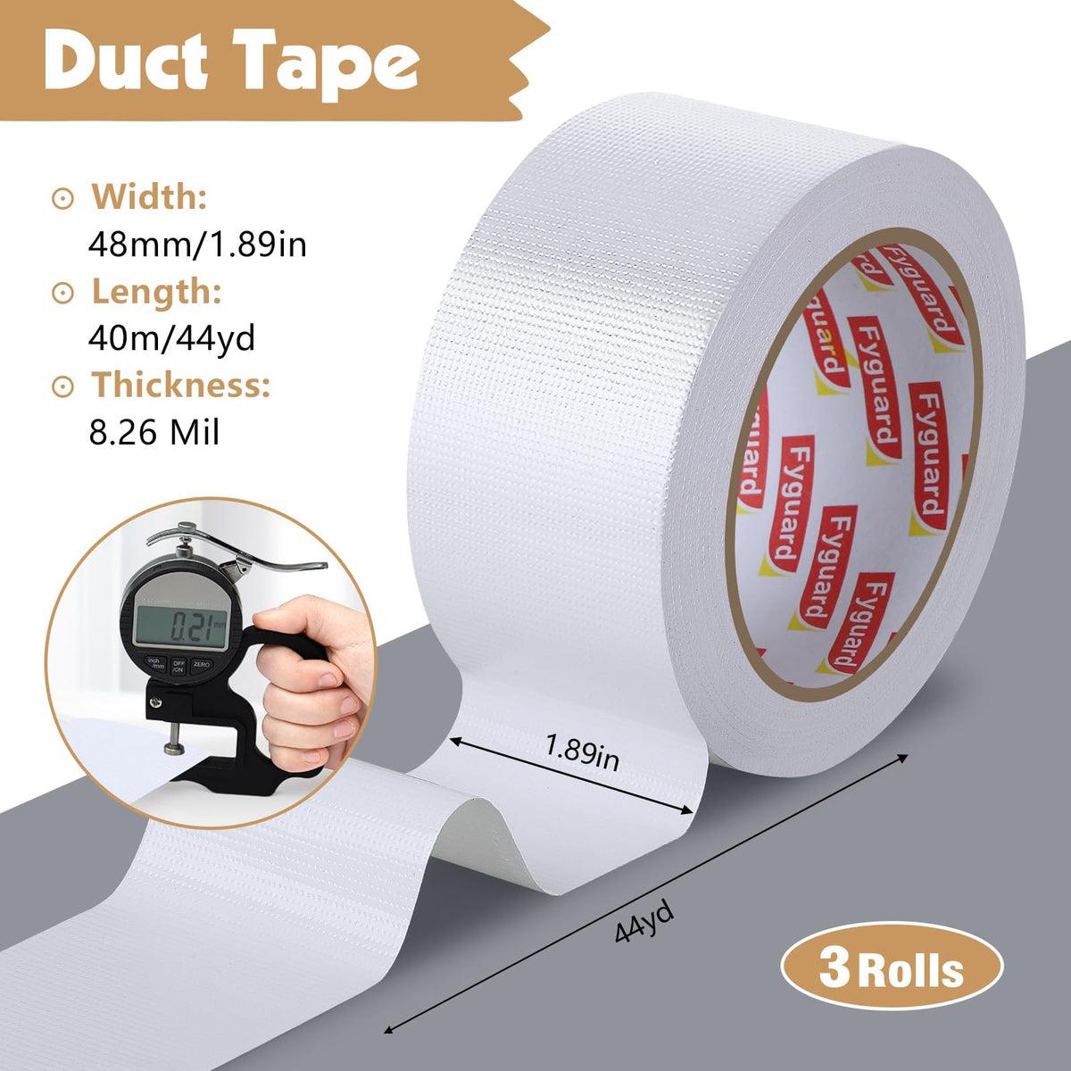 3 Rolls Duct Tape 48mm x 18m 8.5Mil, Silver Gaffer Tape 210μ