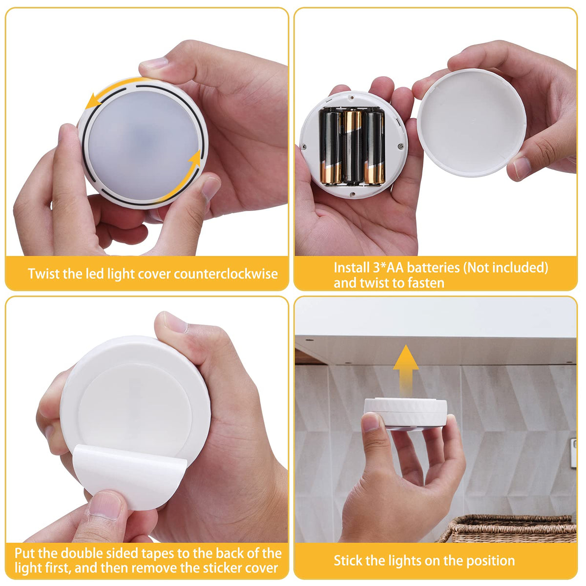 Under Cabinet Lights, Wireless LED Puck Lights Remote Control, 4000K Natural White Brightness Dimmable Battery Powered Touch Closet Cupboard Kitchen Wardrobe Lights, 6 Pack (White)