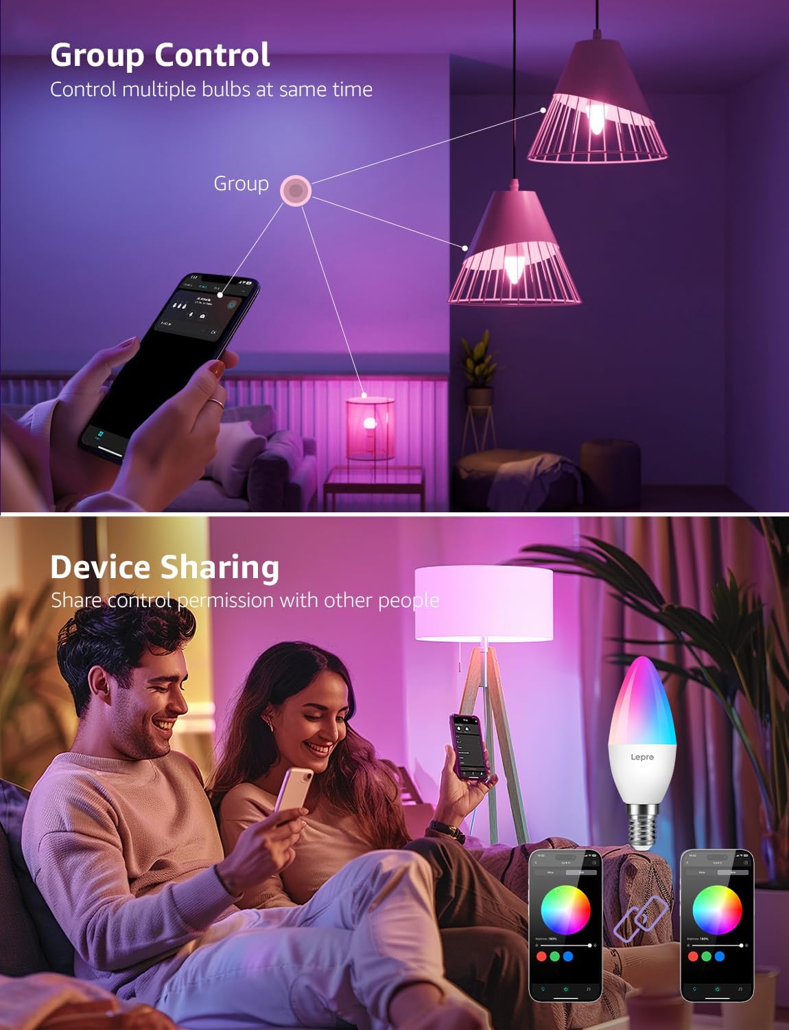 Lepro AI Smart Bulb E14, Colour Changing, Dimmable, Works with Alexa/Google