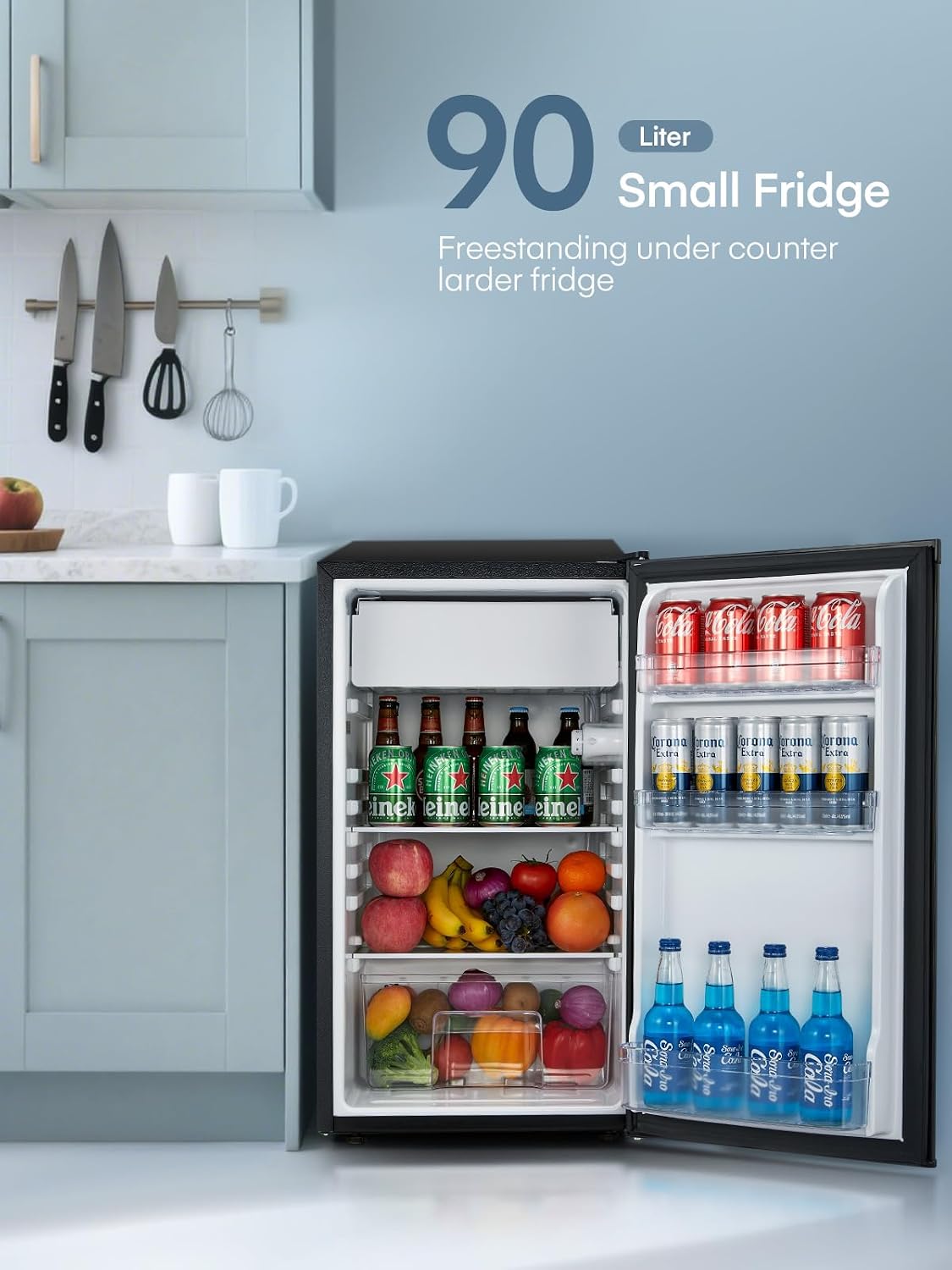 FOHERE Under Counter Fridge 90L, Freestanding Refrigerator with Chiller Box, Adjustable Thermostats & Legs, Removable Shelf, Reversible Door, Energy Efficient, Black