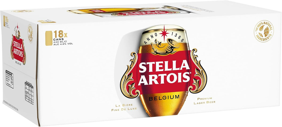 Stella Artois Premium Lager Beer Can, 440ml (Pack of 18) Packaging May Vary