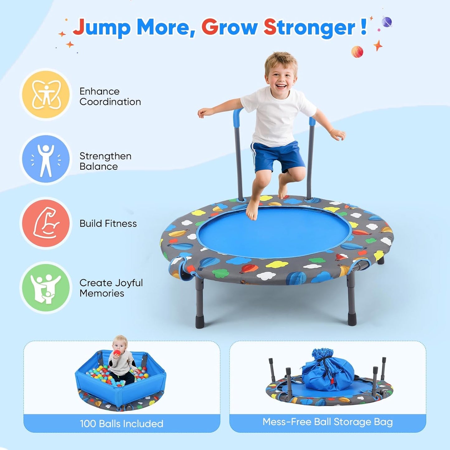 Foldable Fitness Trampoline with 100 Balls Ball Pit, Low Noise Adjustable Safety Cover and Removable Handlebar, Reinforced Oxford Fabric Quiet Exercise Rebounder for Kids Adults, Max Load 150kg