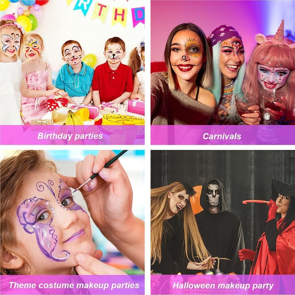 URAQT Face Paint Kit, 15 Color Face & 15 Color Neon Ultraviolet Painting with 2 Brushes 80 Stencils, Washable Safe Body Paint for Adults Kids Halloween Party Carnival, Makeup Paint Non-Toxic to Use