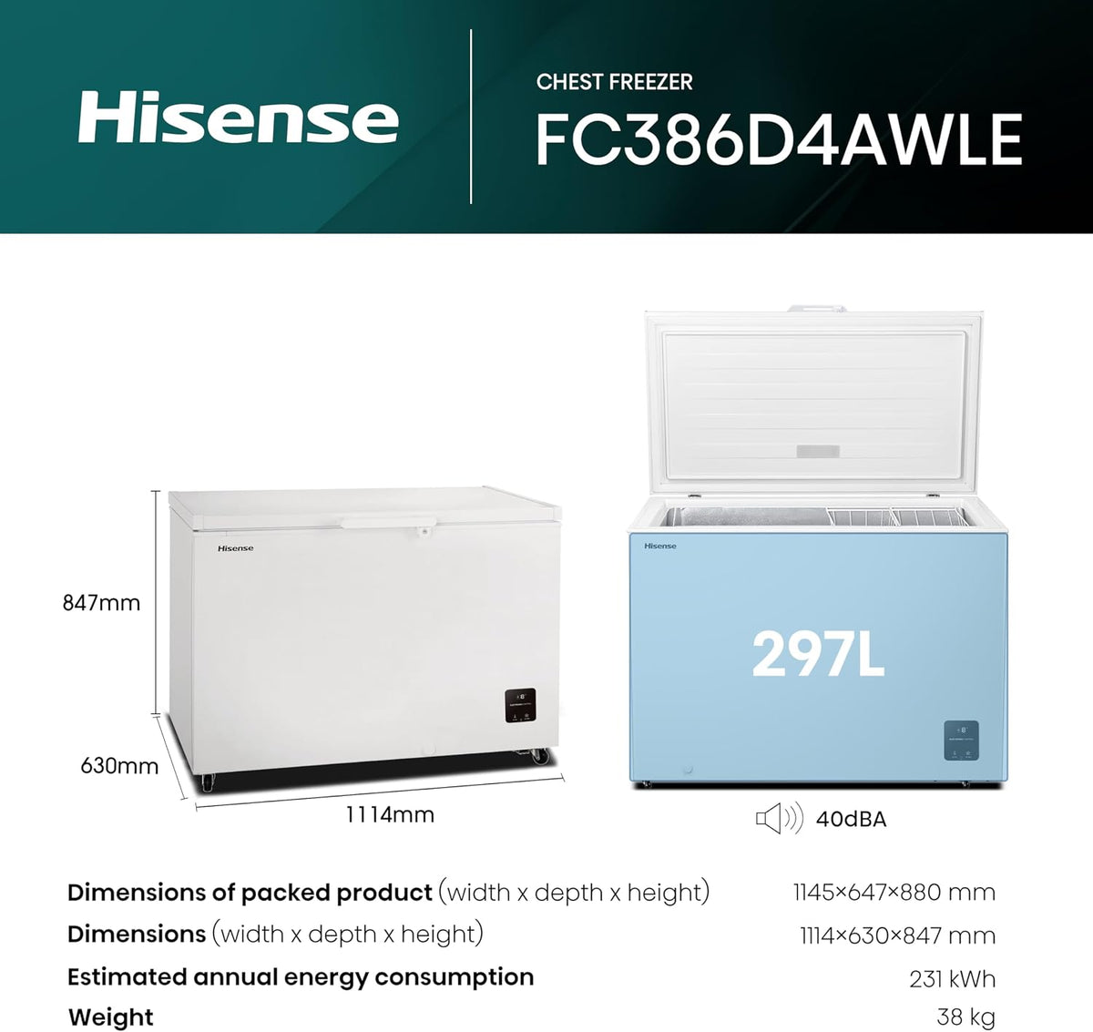 Hisense FC386D4AWLE 297Litres Freestanding Chest Freezer, 4 Star Freezer Rating, E Rated in White