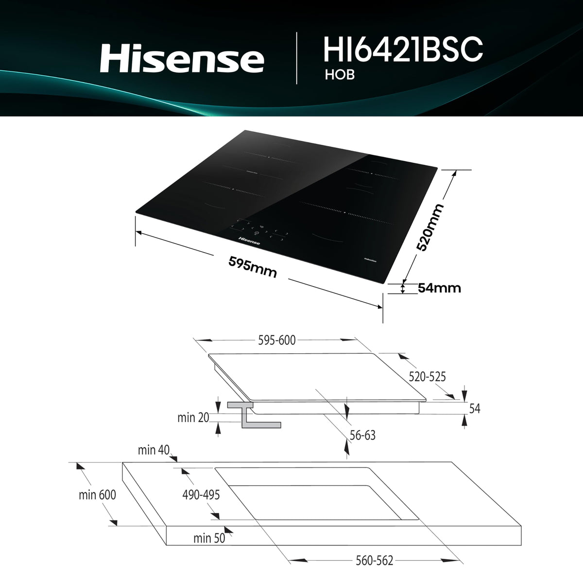 Hisense E6432C Built-in 60cm Electric Ceramic Hob with Child Lock, Touch control, Timer Function - Black 7200W, 20 x 24 x 2 inches (L x W x H)