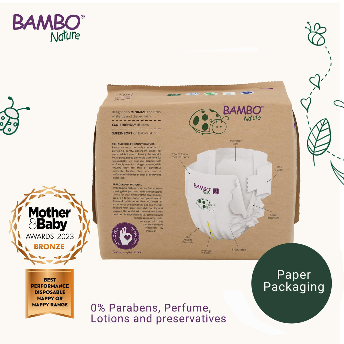 Bambo Nature Premium Eco Nappies, Premature Size 0 (2-7lb/1-3kg), XXS, Pack of 24, Eco-Labelled Nappies, Enhanced Leakage Protection, Secure and Comfortable Baby Nappy