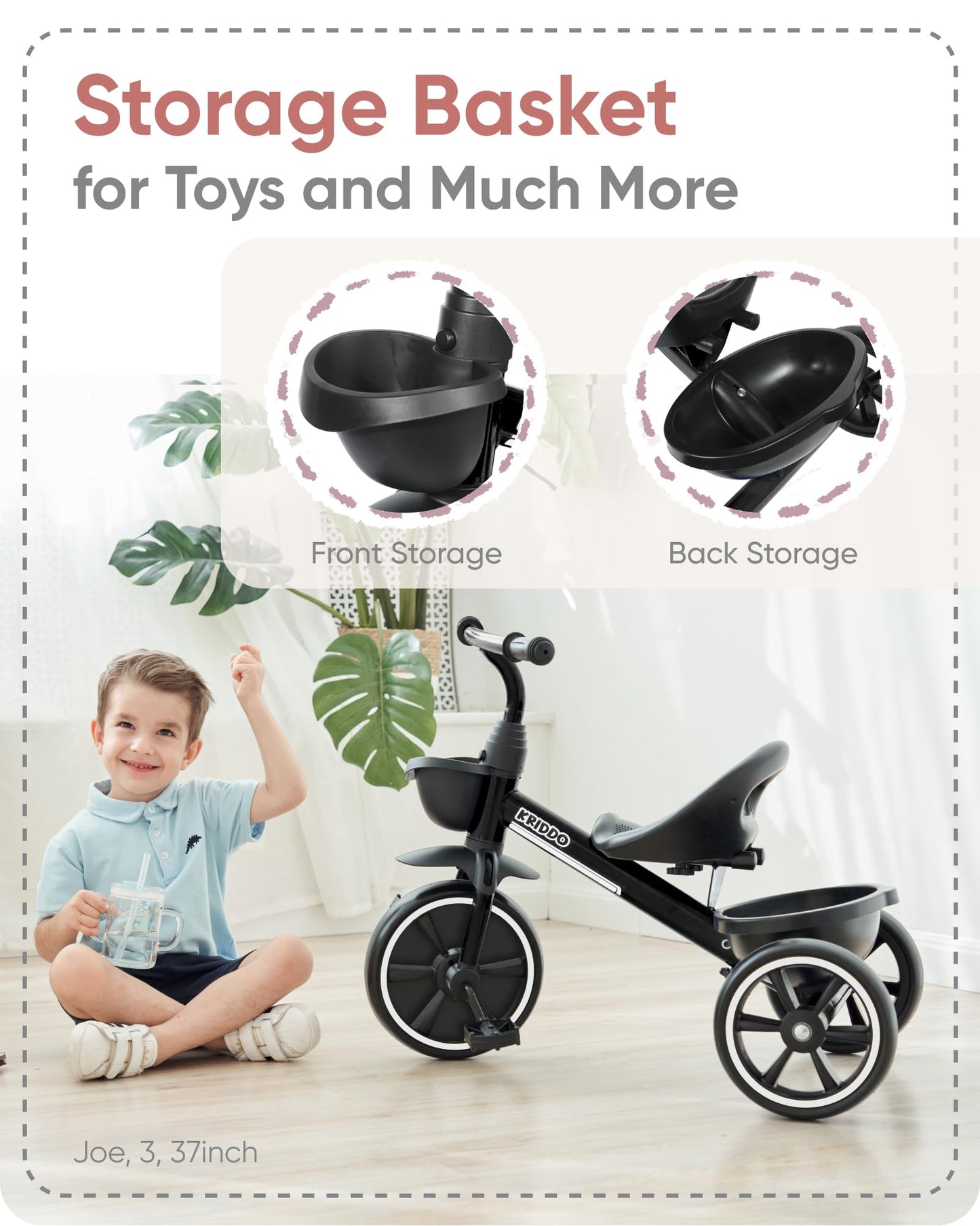 KRIDDO Toddler Tricycle — Anti-Tip Design, BPA-Free | Ages 18 Months to 4 Years | Pink