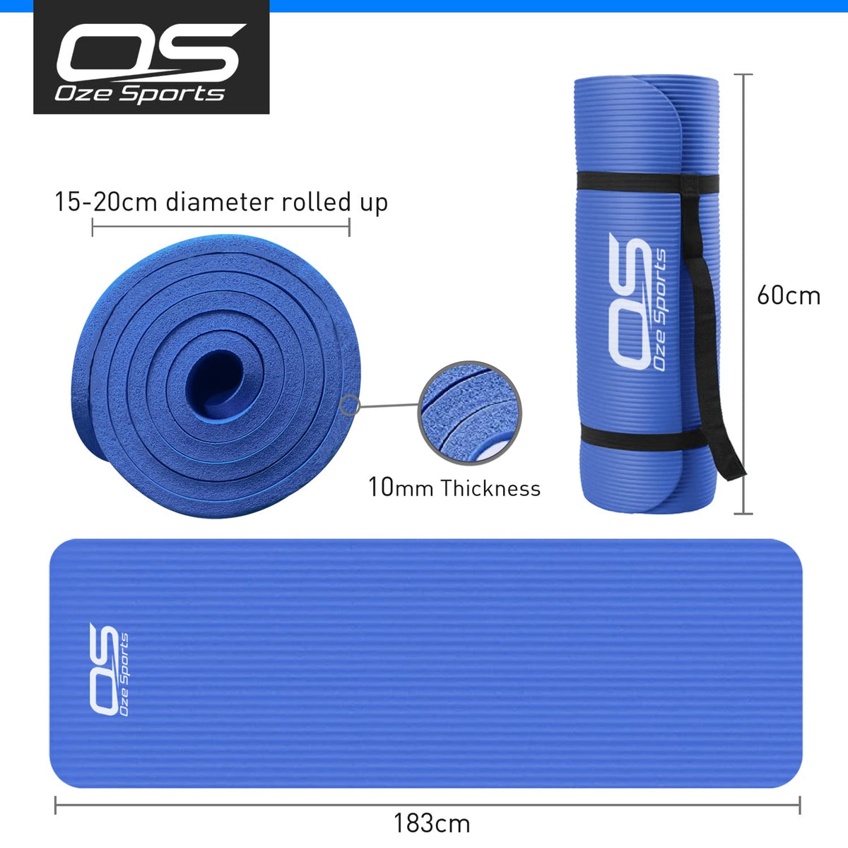 OZE SPORTS Yoga Mat, NBR Foam, Extra Thick, Non-Slip, High Density, Large, for Pilates, Gymnastics, HiiT and Fitness, with Free Carry Strap