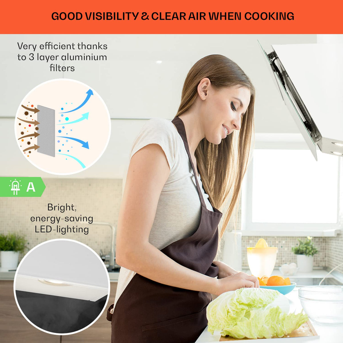 Klarstein Alina 90 Angled Cooker Hood - 615m³/h Air Flow, Touch Panel, LED Backlighting, Quiet 63dB, Energy Class A, 90cm Extractor Hood, Black