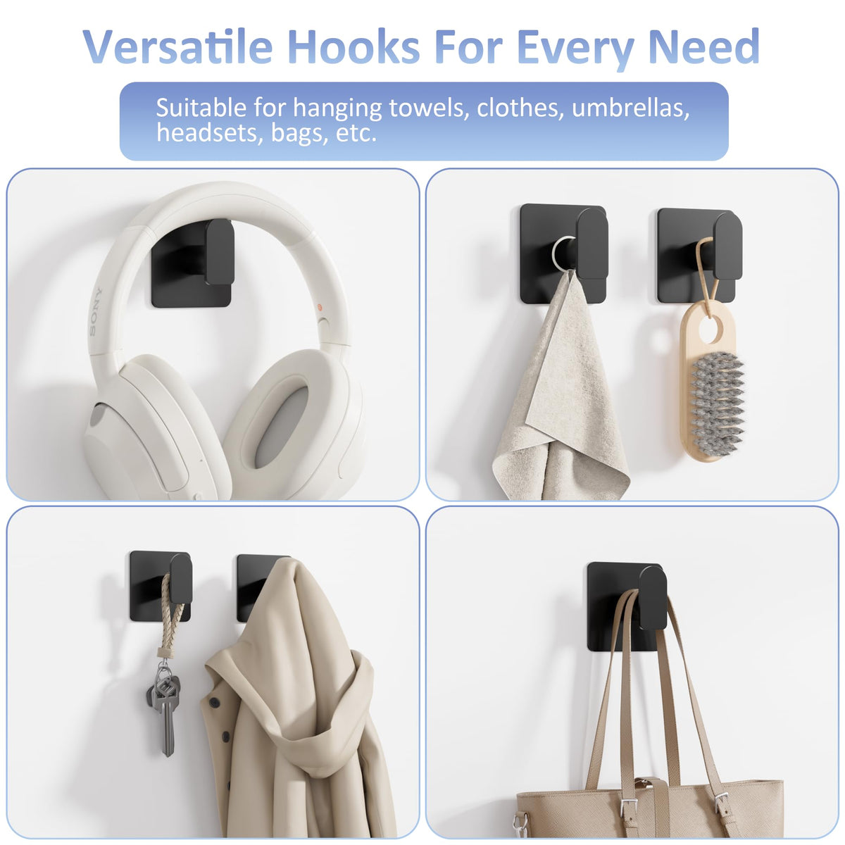 Aikzik 4 Pack of Self Adhesive Hooks, Max 8kg Load Sticky Hooks, Tea Towel Hooks, Versatile Self-Adhesive Wall Hooks for Use in Bathrooms, Kitchens, Doors, Cupboards, Bed Curtains, Towels, Key