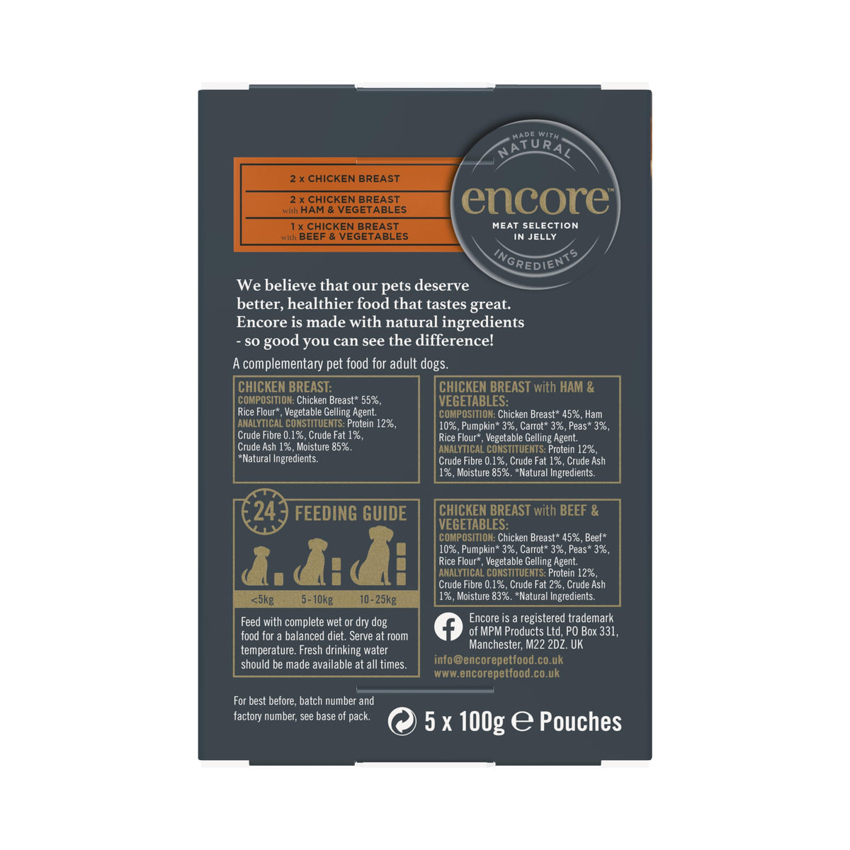 Encore 100% Natural Wet Dog Food, Chicken with Fish Selection in Broth 100g Pouch (Pack of 15x100g)