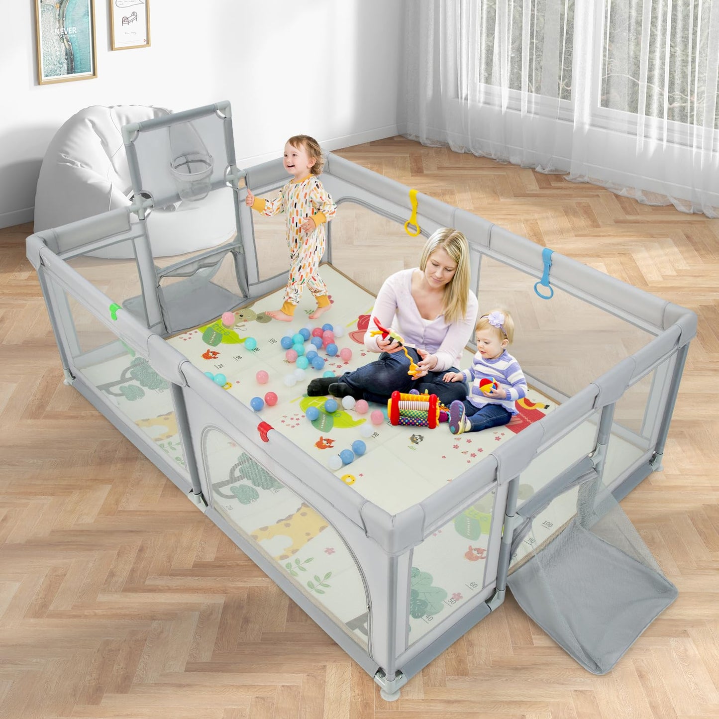 COSTWAY Baby Playpen, Toddler Mesh Play Pen with Mat, Pull Rings, Basketball Hoop, Football Nets, Ocean Balls, Indoor Outdoor Safety Playard for Babies and Toddlers (Light Gray, 207 x 142cm)
