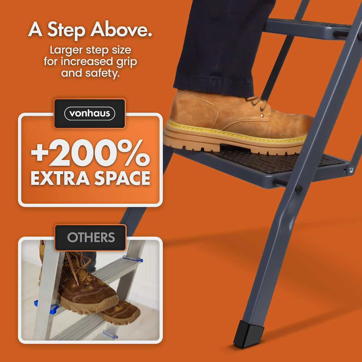 VonHaus 3 Step Ladder – Premium Quality Folding Step Ladder for DIY and Gardening - Anti Slip Feet, Easy to Store Ladder, 150KG Max Capacity - Durable Steel