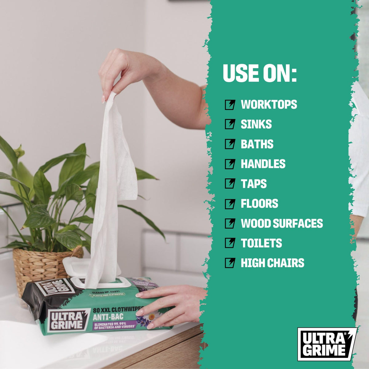 UltraGrime Antibacterial Wet Wipes Alcohol-Free Antiseptic Heavy-Duty Cleaning Cloths & Hand Wipes - Multi-Purpose Kitchen, Toilet, Floor & Surface Cleaning - Extra Large Cloth Wipes (Pack of 80)