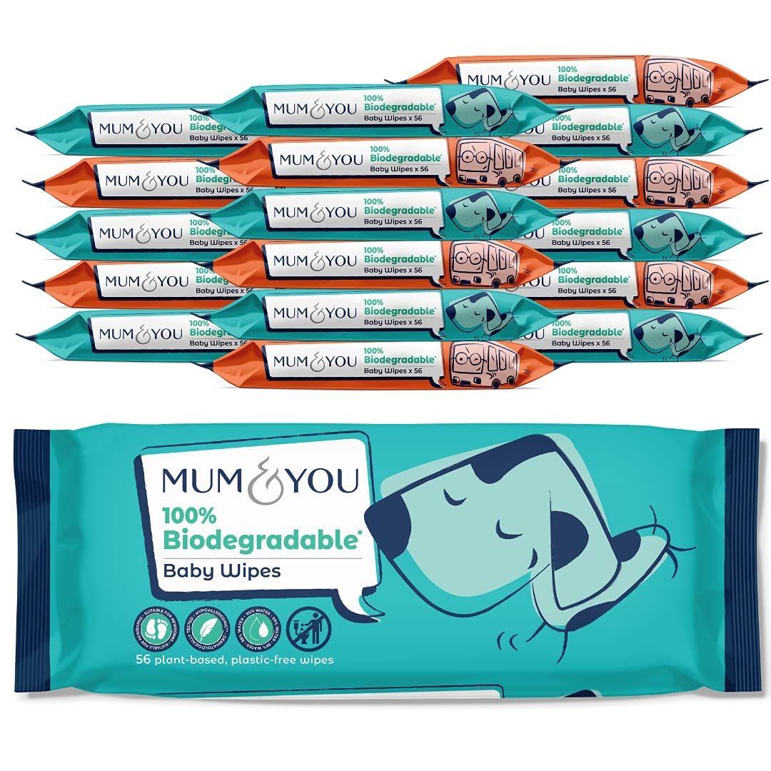 Mum & You Baby Wipes - Biodegradable Wet Wipes | 99.4% Water | Ideal for Sensitive Newborn Skin | 336 Newborn Wipes Bulk, Bum Wipes, Wet Tissue, Plastic free Wet wipes, (56 wipes x 6 packs)