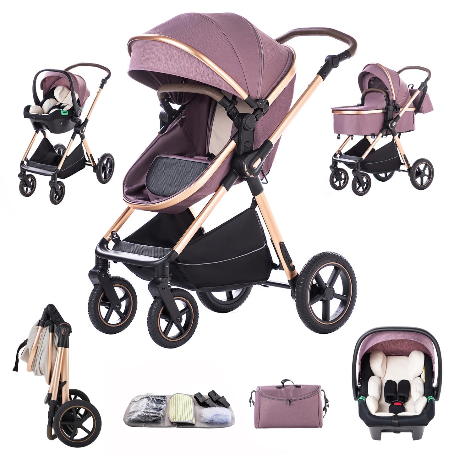 3 in 1 Pram Pushchair Aluminium Frame High Landscape Combined Buggy Lightweight Folding Stroller 3 in 1 Travel System Pram for Newborns Toddlers 0-36 Months from Birth (H9-Pink, H9)