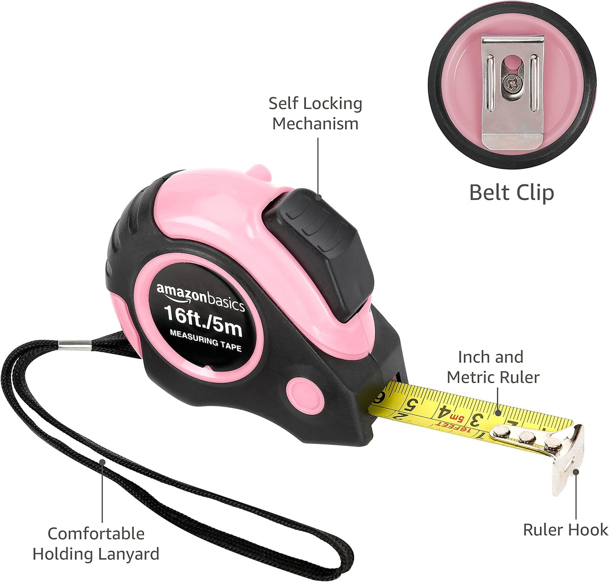 Amazon Basics Tape Measure - 4.8 m, Pink