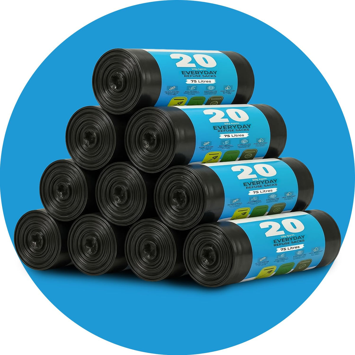 Roe Tenpo 100 Pack Heavy Duty Black Bin Bags – 100L, 33 μm Recyclable Refuse Sacks, Leak-Proof Bin Liners – Rubbish Bags for Kitchen, Home, DIY & Garden, Household, Office & Catering