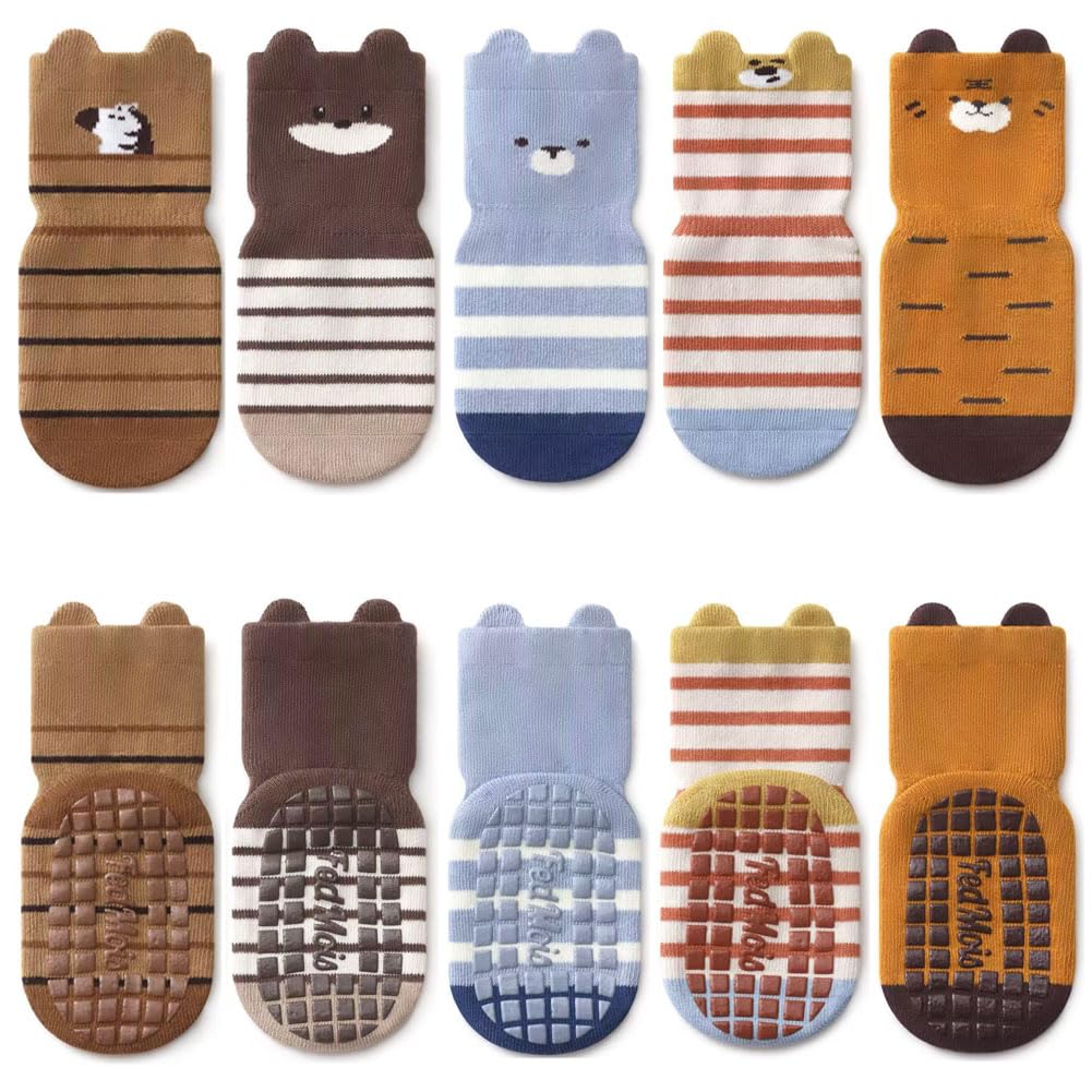 FedMois 5 Pairs Baby Kids Anti-slip Socks Cotton non skid Ankle Socks Animals