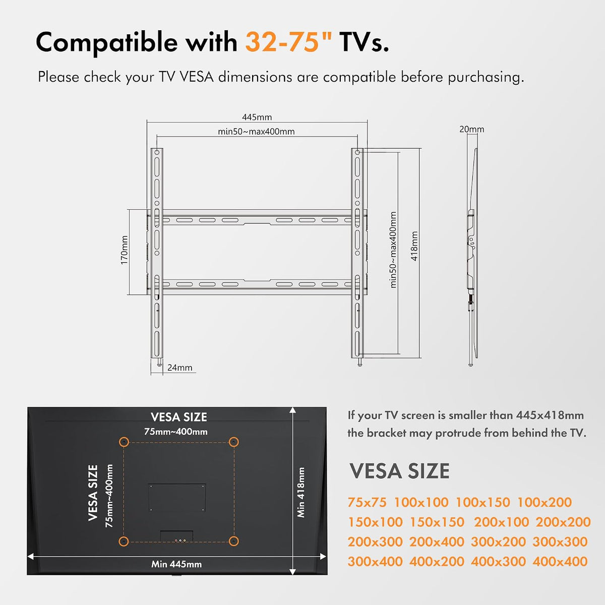 VonHaus TV Wall Bracket for 32-75" Screens, Ultra-Slim TV Bracket with Spirit Level, Flat to Wall Mount, 55kg Capacity, Max VESA : 400x400 mm