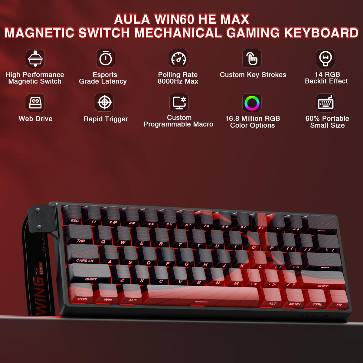 AULA WIN60 HE Mechanical Gaming Keyboard Wired,Hall Effect Magnetic Switches,Adjustable Actuation Rapid Trigger,8K Polling Rate,RGB Backlight,60% Percent Keyboard for Mac/Win (BLACK) (Pack of 2)