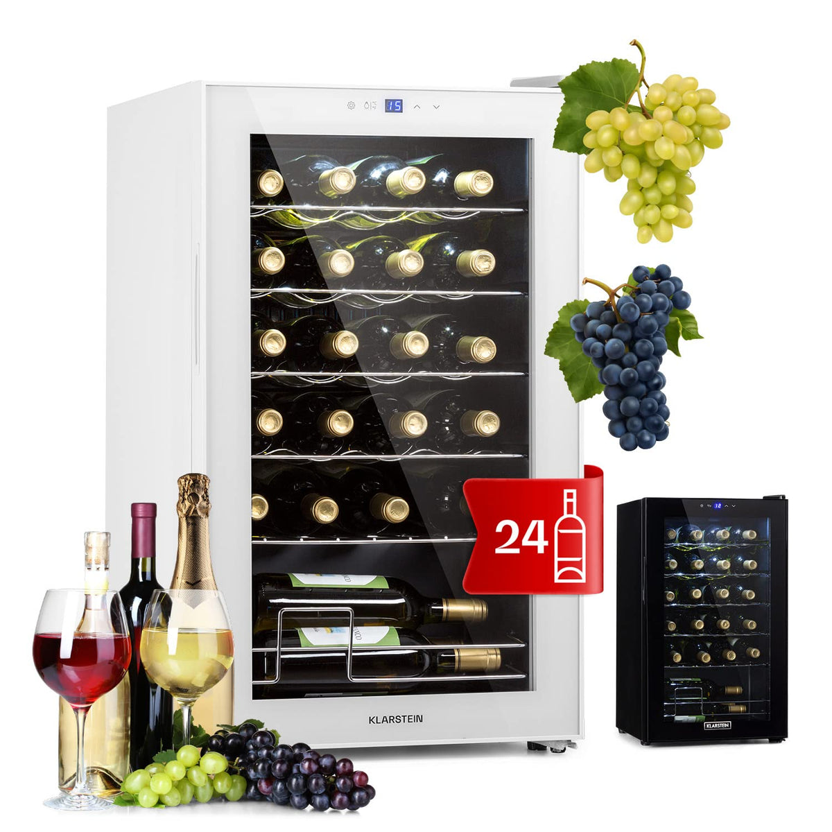 KLARSTEIN Shiraz Wine Cooler Black – 8 Bottles, 1 Zone | Freestanding Wine Fridge with Glass Door, Quiet, 5–18 °C, LED, Stainless Steel Frame