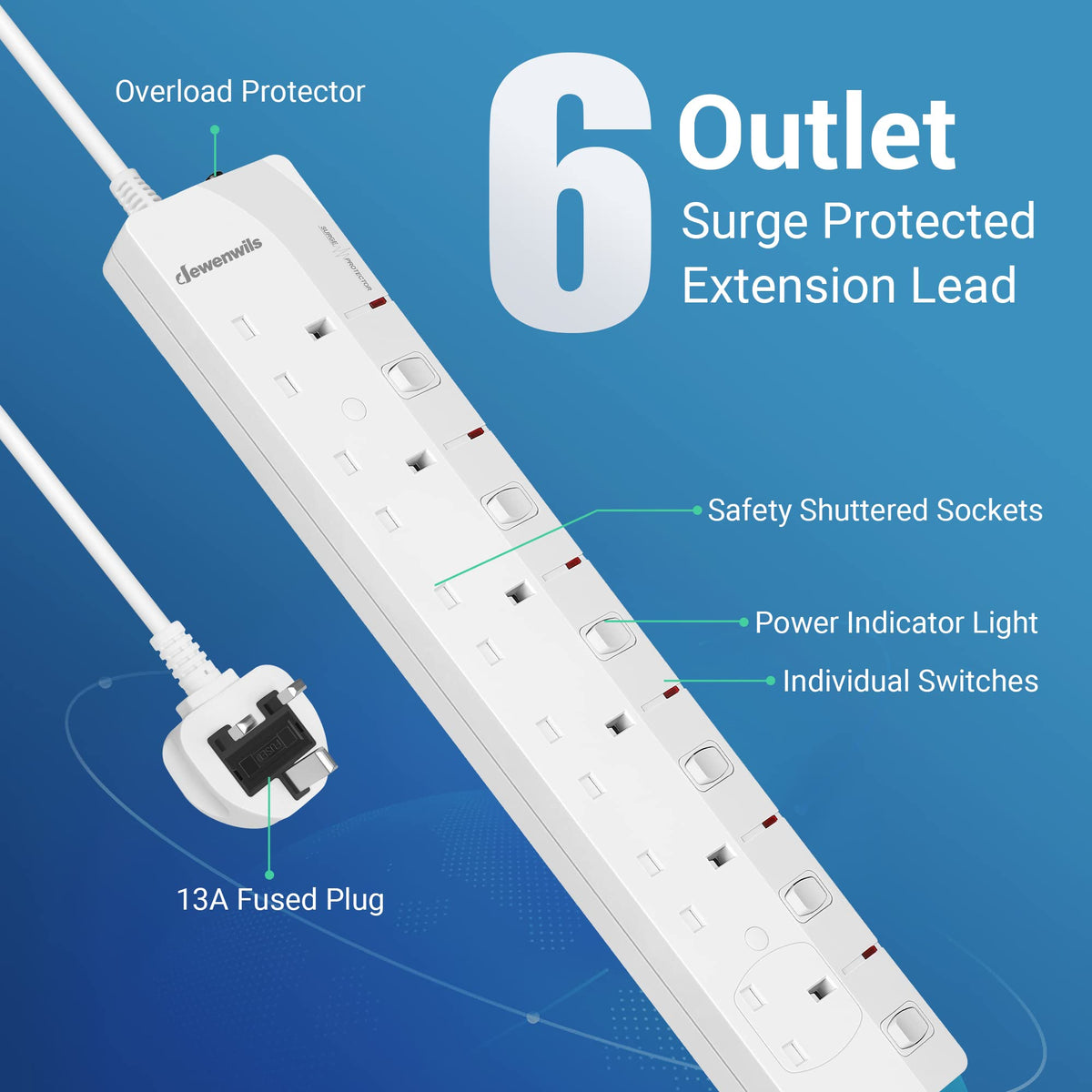 DEWENWILS 6 Way Surge Protected Extension Lead with Individual Switches