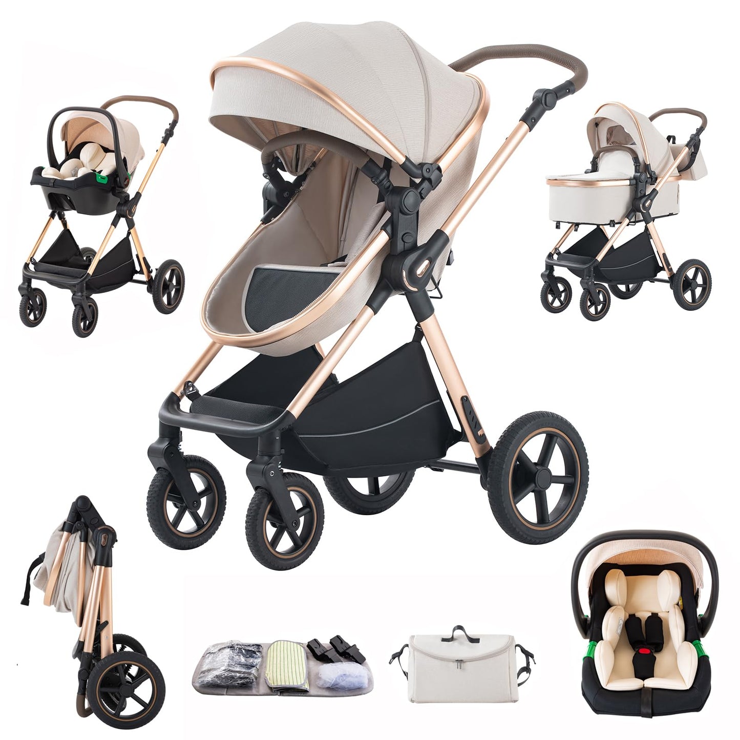 3 in 1 Pram Pushchair Aluminium Frame High Landscape Combined Buggy Lightweight Folding Stroller 3 in 1 Travel System Pram for Newborns Toddlers 0-36 Months from Birth (H9-Pink, H9)