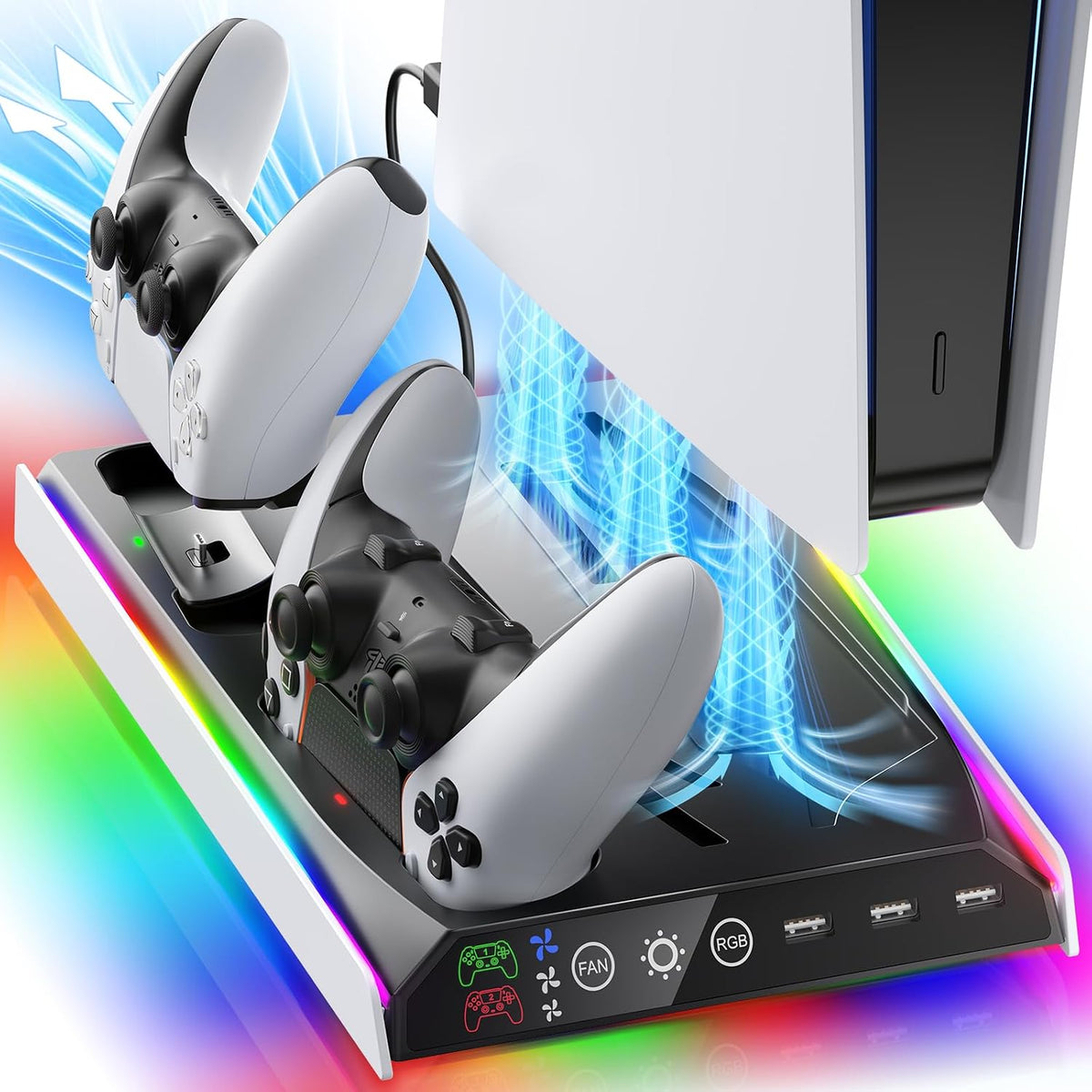 Fenolical PS5/Slim/Pro Stand with Adjustable Cooling Fan, Vertical PS5 Cooling Charger Stand for PS5/Slim/Pro, Multifunctional PS5 Slim Cooling Station with Dual Controller Chargers and RGB Light