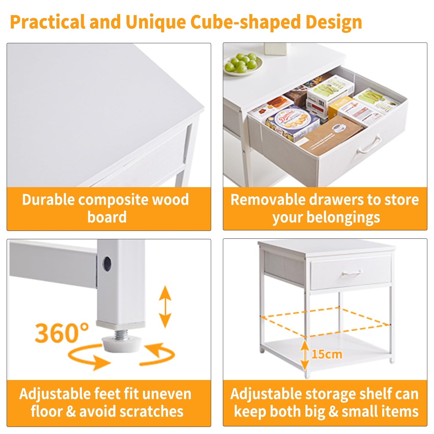 Aibiju Large Side Table for Living Room, Small Table Stand 20 Inch, Fridge Stand Printer Table with Fabric Drawer, Square Tea Coffee Table for Office, White YD-TM156W