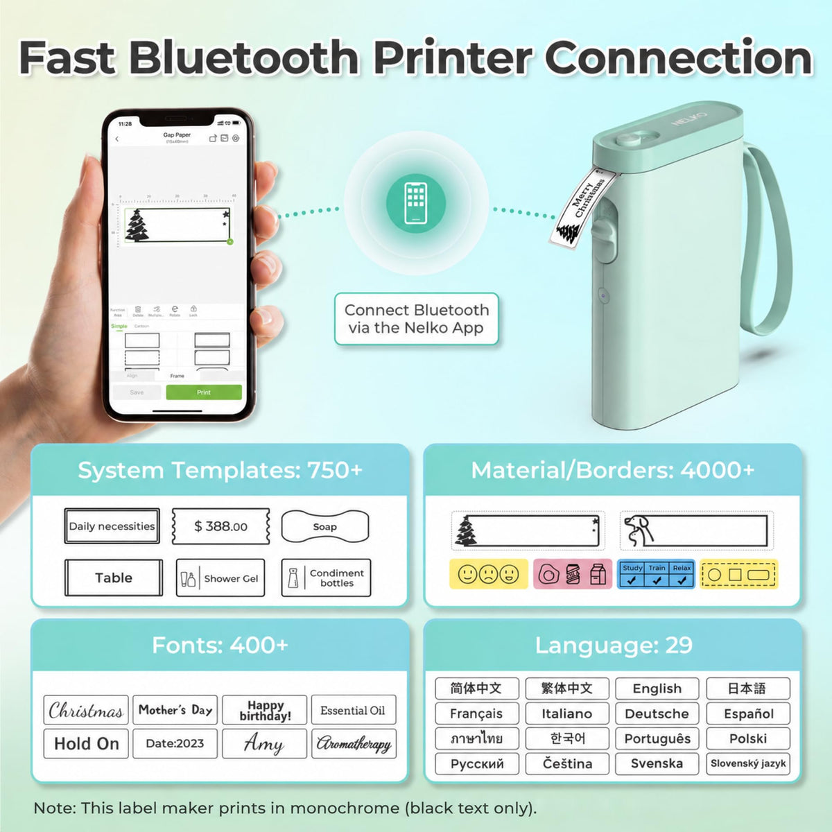 Nelko Label Maker P21 Portable Bluetooth Sticker Printer with Tape, Black