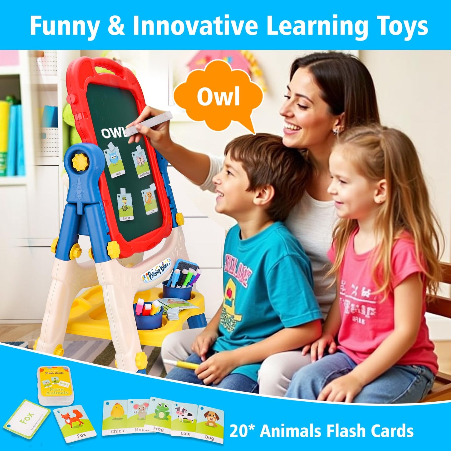 4 in 1 Kids Easel with Magnetic Whiteboard Chalkboard, Toddler Art Easel for Kids with Height Adjustable & 360°Rotatable Drawing Writing Painting Accessories, Gifts for 2 3 4 5 6 7 Year Old Boys Girls