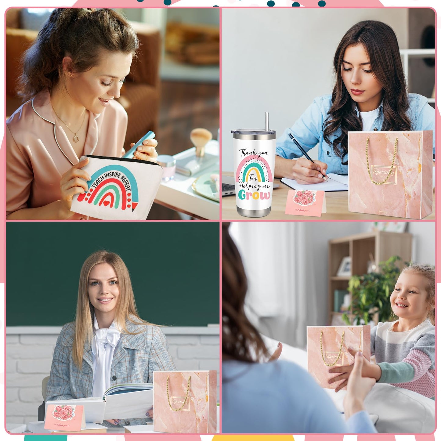 saerryor Teacher Present for Women,20oz WhiteTeacher Travel Mug Makeup Bag Bookmarks Stone Braclect Greeting Card Thank You for End of Term Back to School, White