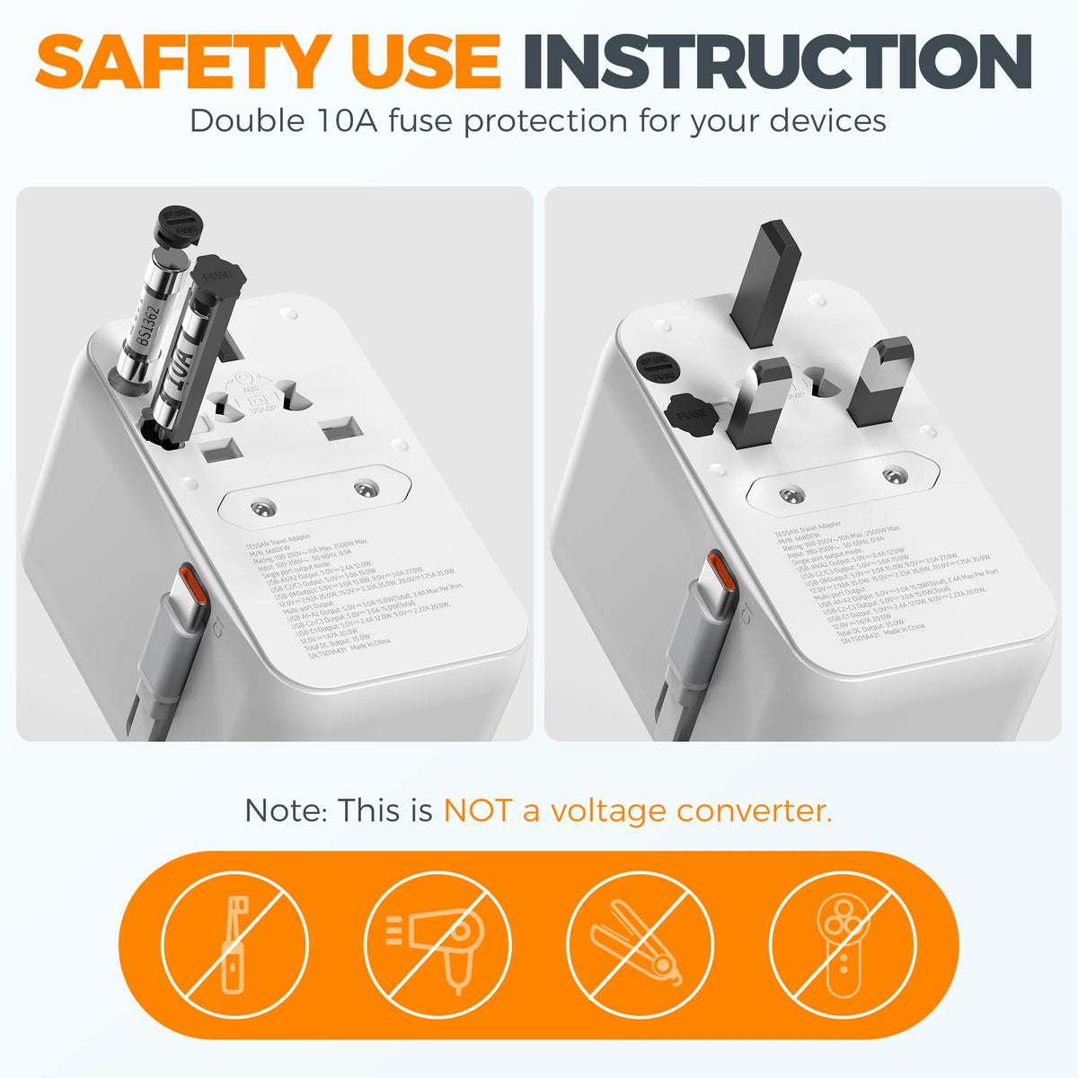TESSAN Universal Travel Adapter Worldwide with 2 USB C and 2 USB A Ports