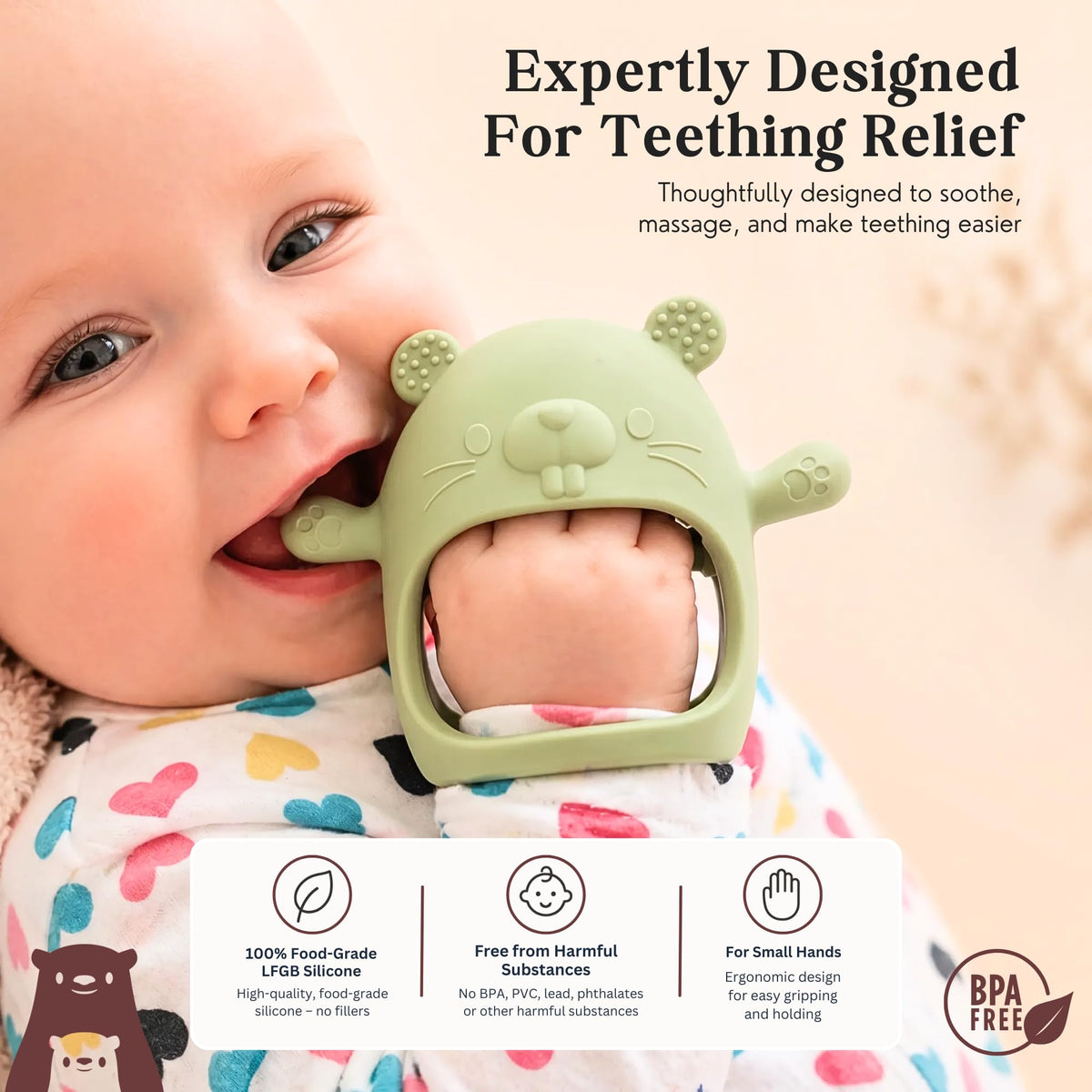 Infatot® Teething Toys for Baby Gifts – Chipmunk Silicone Mitten Teether, Soothing Glove for Infants, Baby Toys 0-6 Months, Soft Chewable Teether Toy to Prevent Finger Sucking, CM Blue.