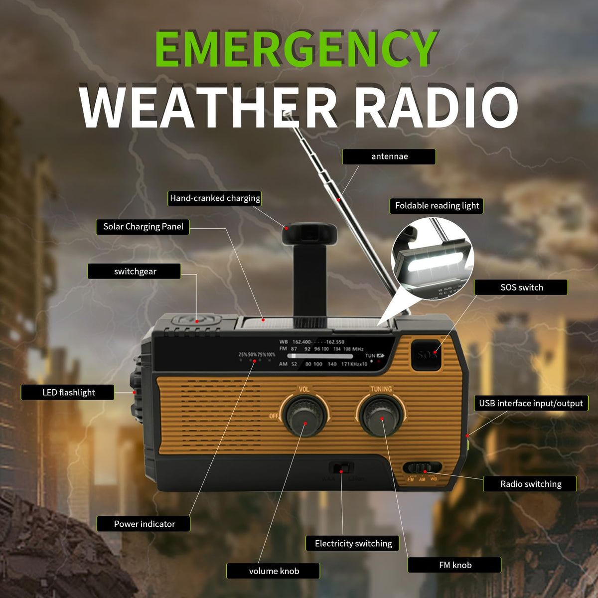 SOLARBABY Wind Up Solar Radio, Emergency Hand Crank Self Powered AM/FM Survival Solar Weather Radio with LED Flashlight,SOS Alarm,2000mAh Emergency Power Bank for Smart Phone (M-Orange)