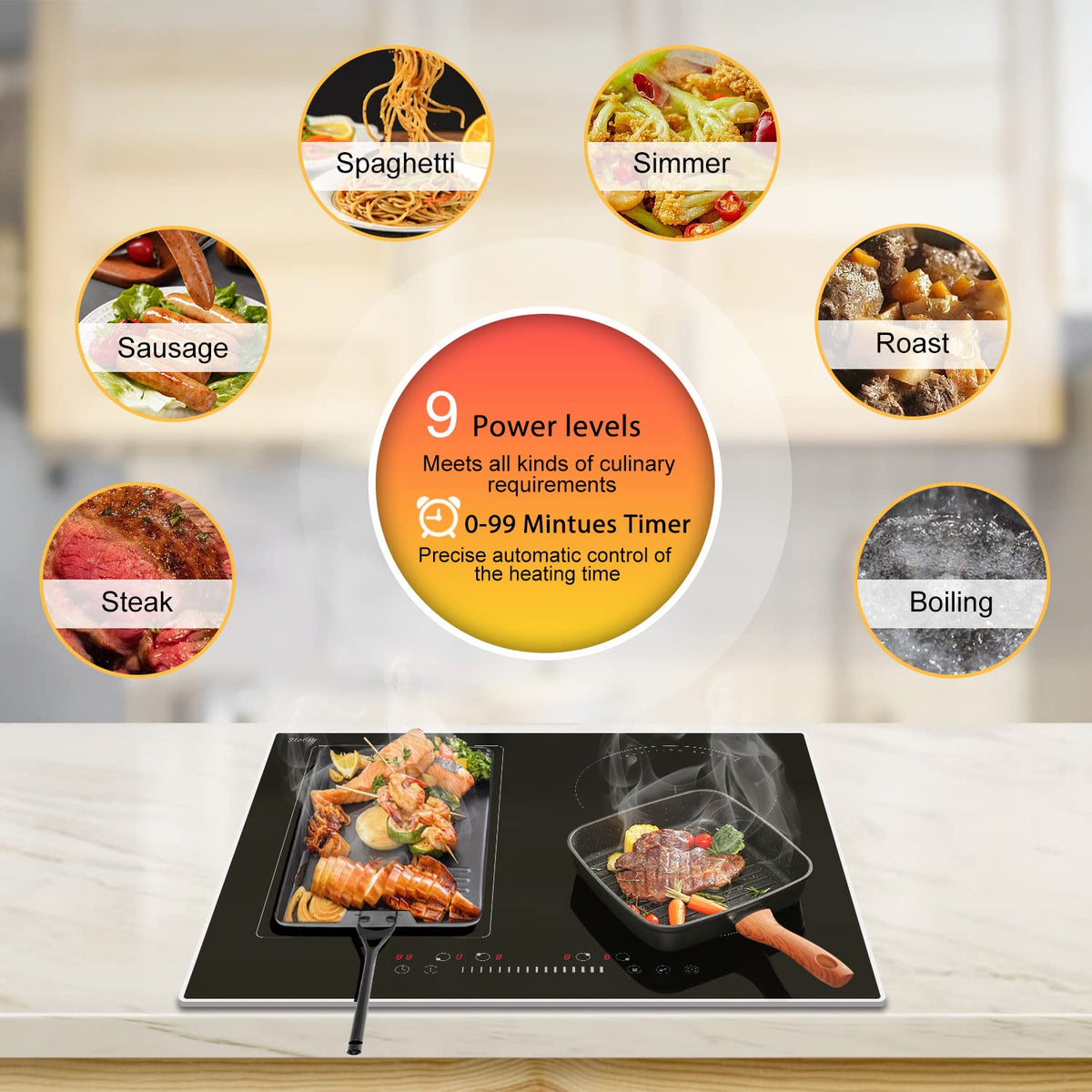 Hobsir Induction Hob with Flex Zone, Built-in Electric Hob 4 Burners 60 cm