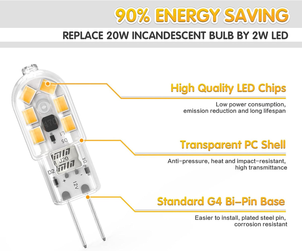 2W G4 LED Bulbs Warm White 3000K, Replacement 20W Halogen Bulb, Non Flicker AC/DC 12V Energy Saving G4 LED Capsule Light Bulbs, Non-Dimmable, 10 Pack