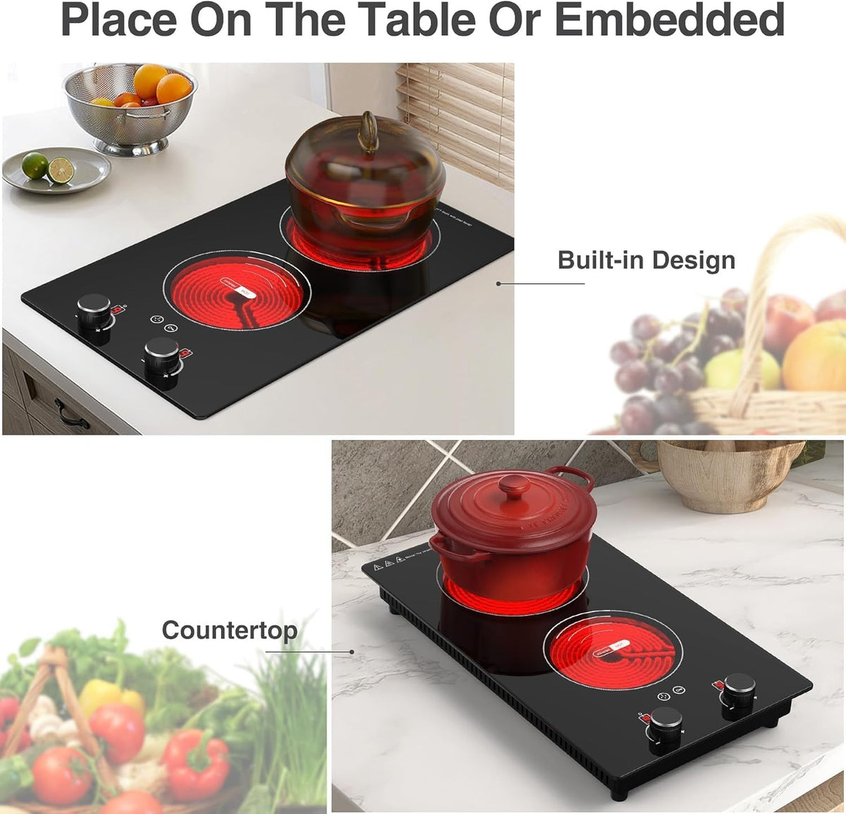 VBGK Portable Ceramic Hob, 2000W Pulg in Single Electric Hob, Portable Electric Hob with Digital LED Touch Controls, 10 Power Levels, 4-Hour Timer, Child Safety Lock, Black