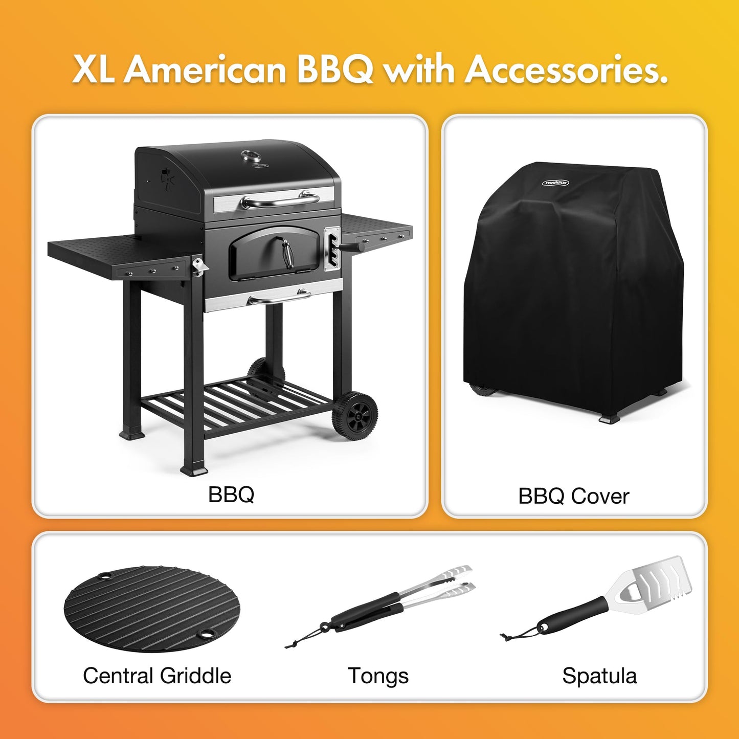 VonHaus Charcoal BBQ – XL Portable Barbecue with Warming Rack, Fold Down Shelves, Temperature Gauge, Wheels, Cooking Grill, Air Vents – 2 in 1 Barbeque and Smoker – Grill Meat, Fish & Vegetables