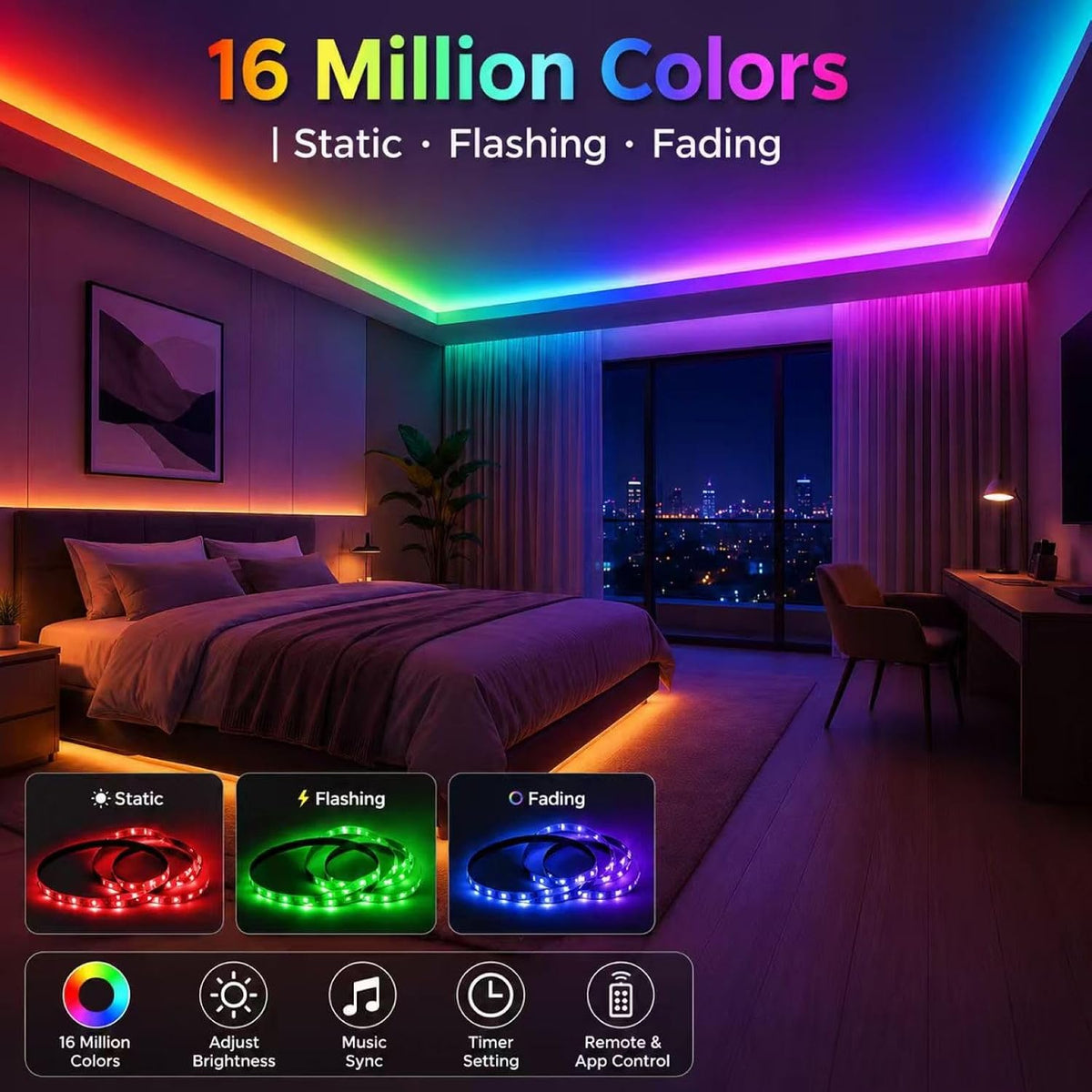 LED Strip Lights for Bedroom,10M RGB Colour Changing LED Lights with Bluetooth App & Remote Control, Music Sync, Dimmable, 16 Million Colours, Timer Mode, Self-Adhesive for Room Home Party Decor