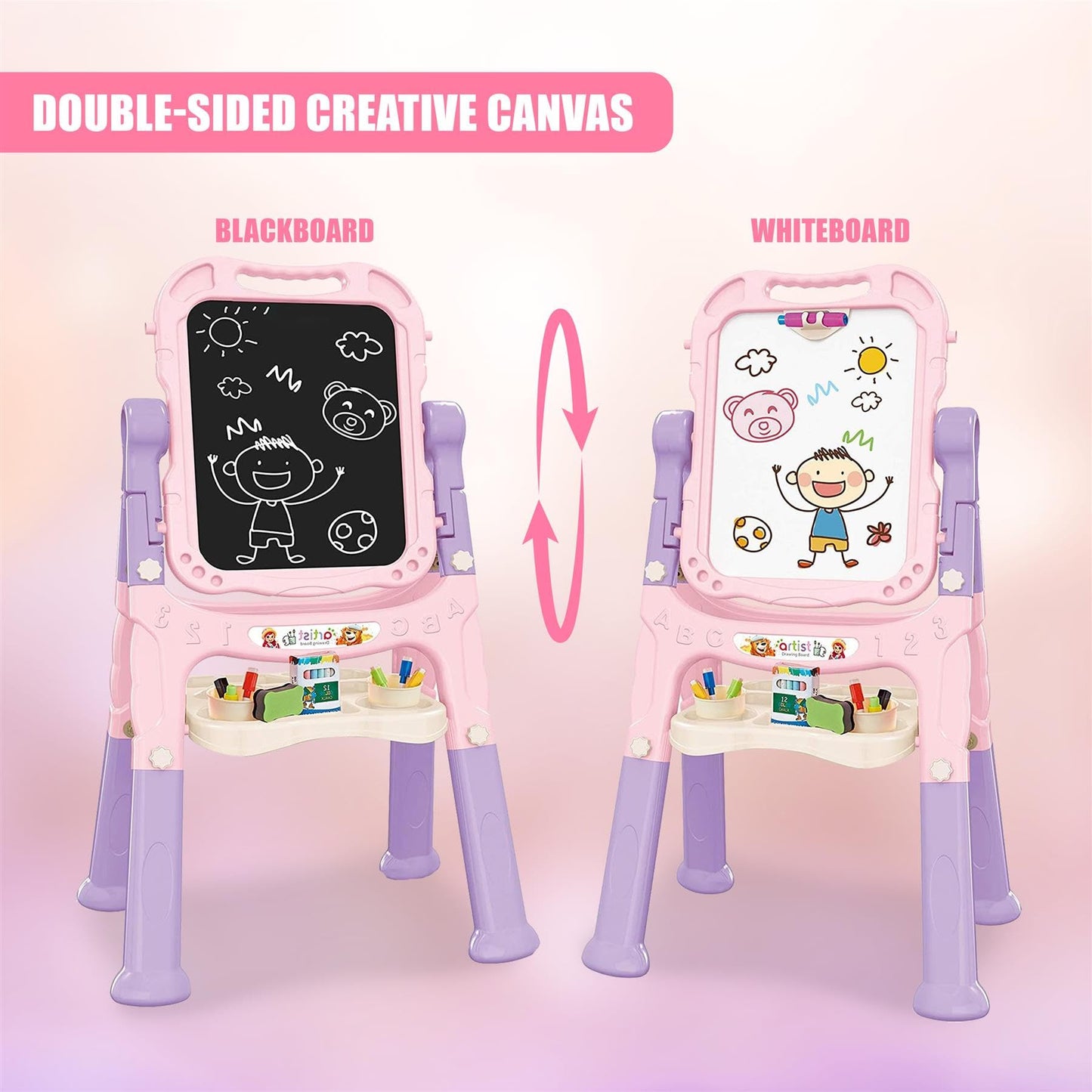 The Magic Toy Shop Kids Folding Double-Sided Magnetic Easel - 360° Rotating & Removable Drawing Board with Blackboard & Whiteboard - Magnets, Chalks, Markers, Stand - Art, Painting, & Writing (Pink)