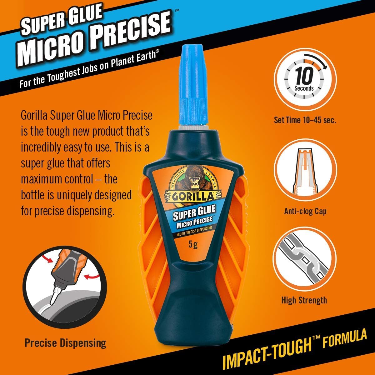 Gorilla Super Glue, 15g – All Purpose, Impact Tough & Fast Setting with Anti-Clog Cap Ideal for Metal, Ceramics, Leather & More