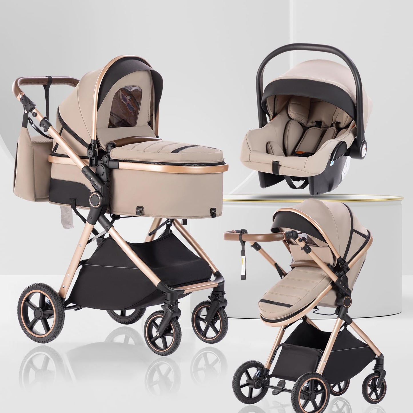 Baby Stroller 3 in 1,Travel Pushchair's Lie-Flat Pram is Foldable, Stroller System Handle is Adjustable, The Wheels are Made of PU Material, Suitable for 0-3 Years-Khaki