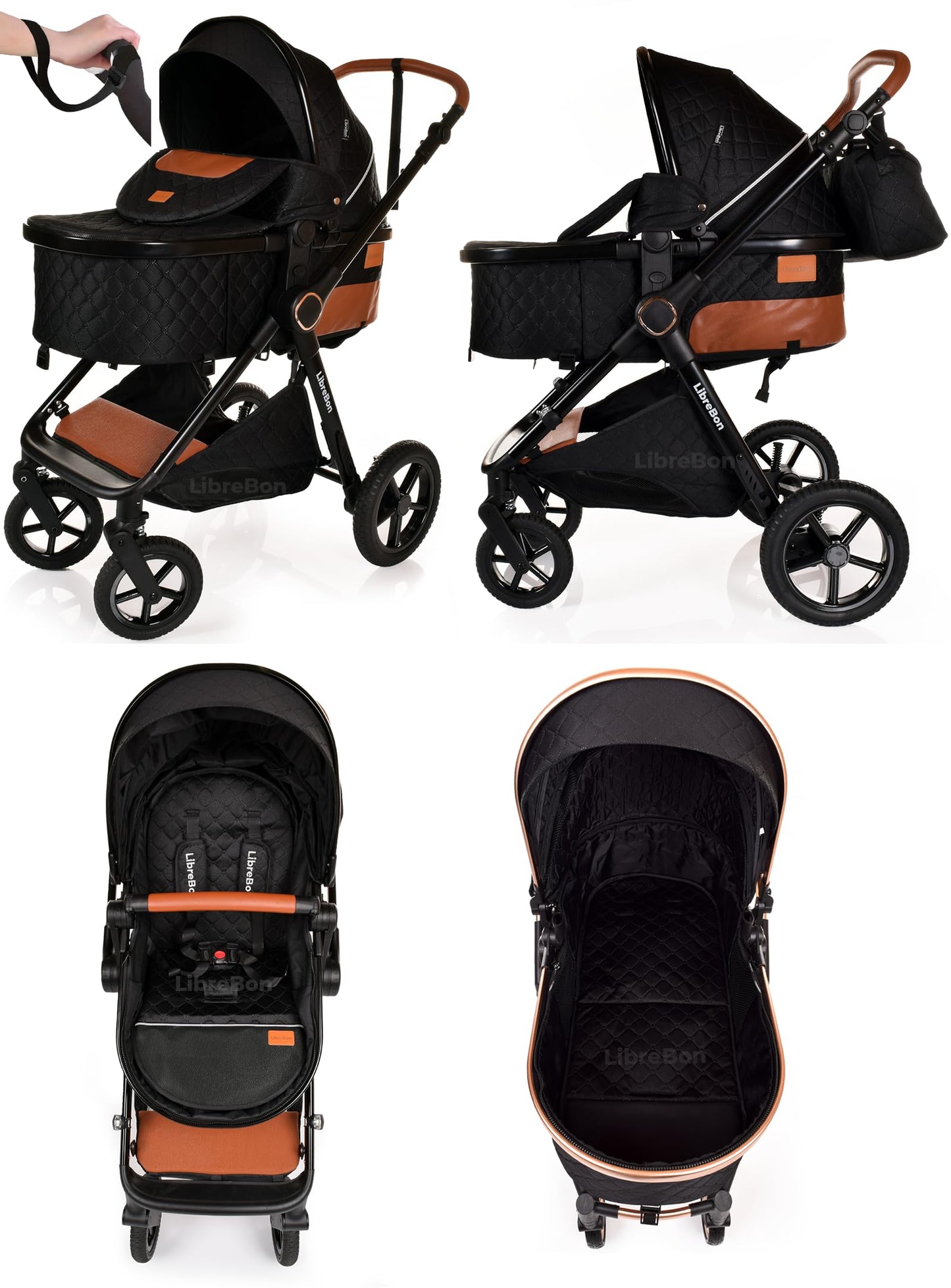 Baby Buggy Pram Pushchair Stroller 3 in 1 Child Lightweight Folding Stroller 3 in 1 Travel System Pram for Newborns & Toddlers from Birth Aluminum (Beige - Rose Gold Frame)