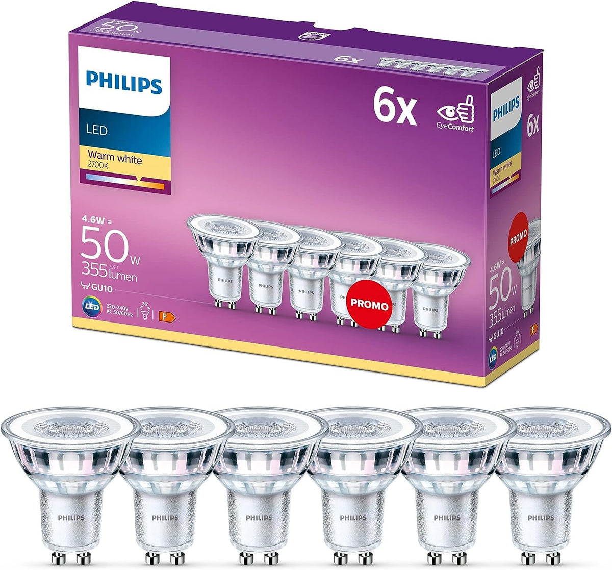 Philips Classic Spotlight Bulb, GU10 Pack of 6