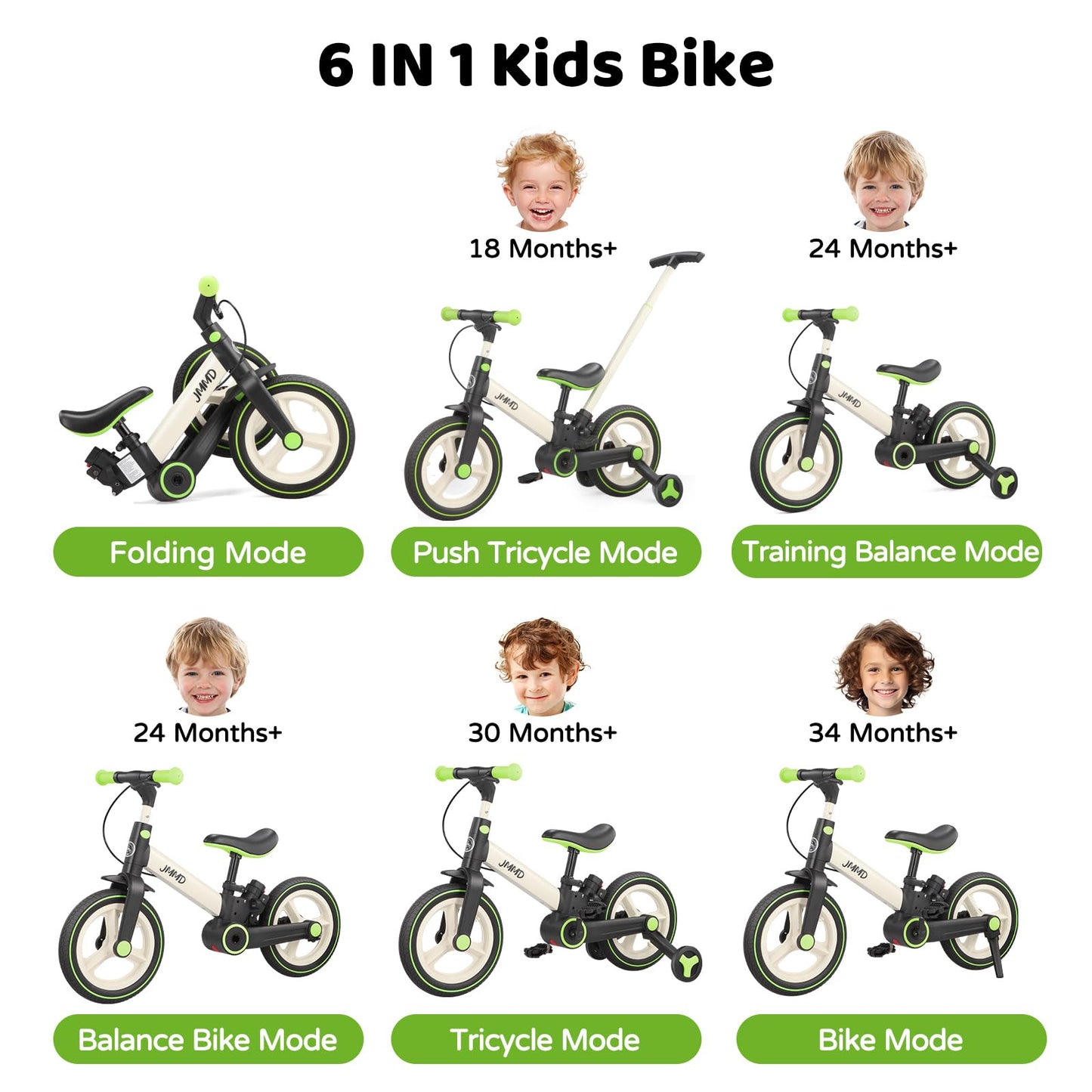 JMMD 6-in-1 Convertible Toddler Balance Bike to Pedal Bike — Ages 18 Months to 5 Years