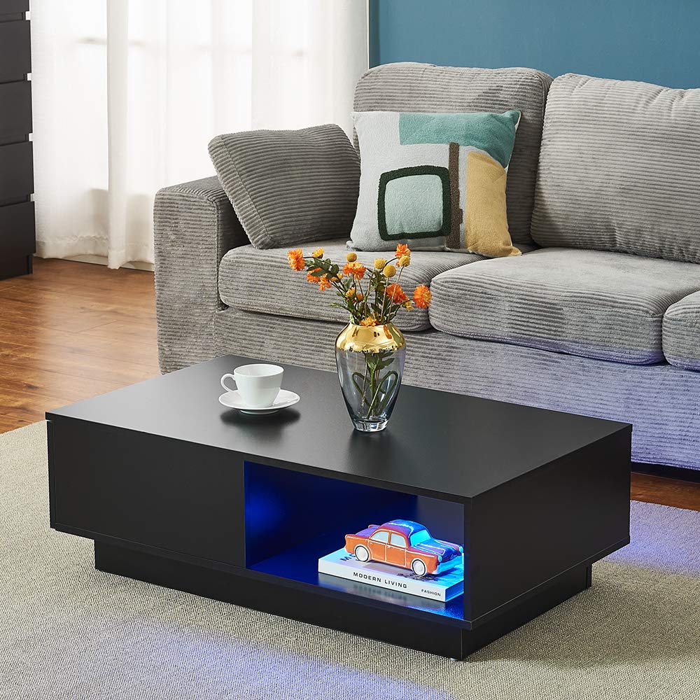 Panana Wooden Coffee Table with Storage Drawer and Shelf Wood Sofa Side End Table with LED Lighting Home Office Living Room Furniture (White)