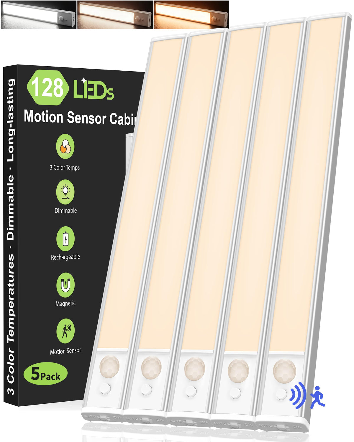 Under Cabinet Kitchen Lights 5 Pack, Motion Sensor Lights Indoor, 25CM