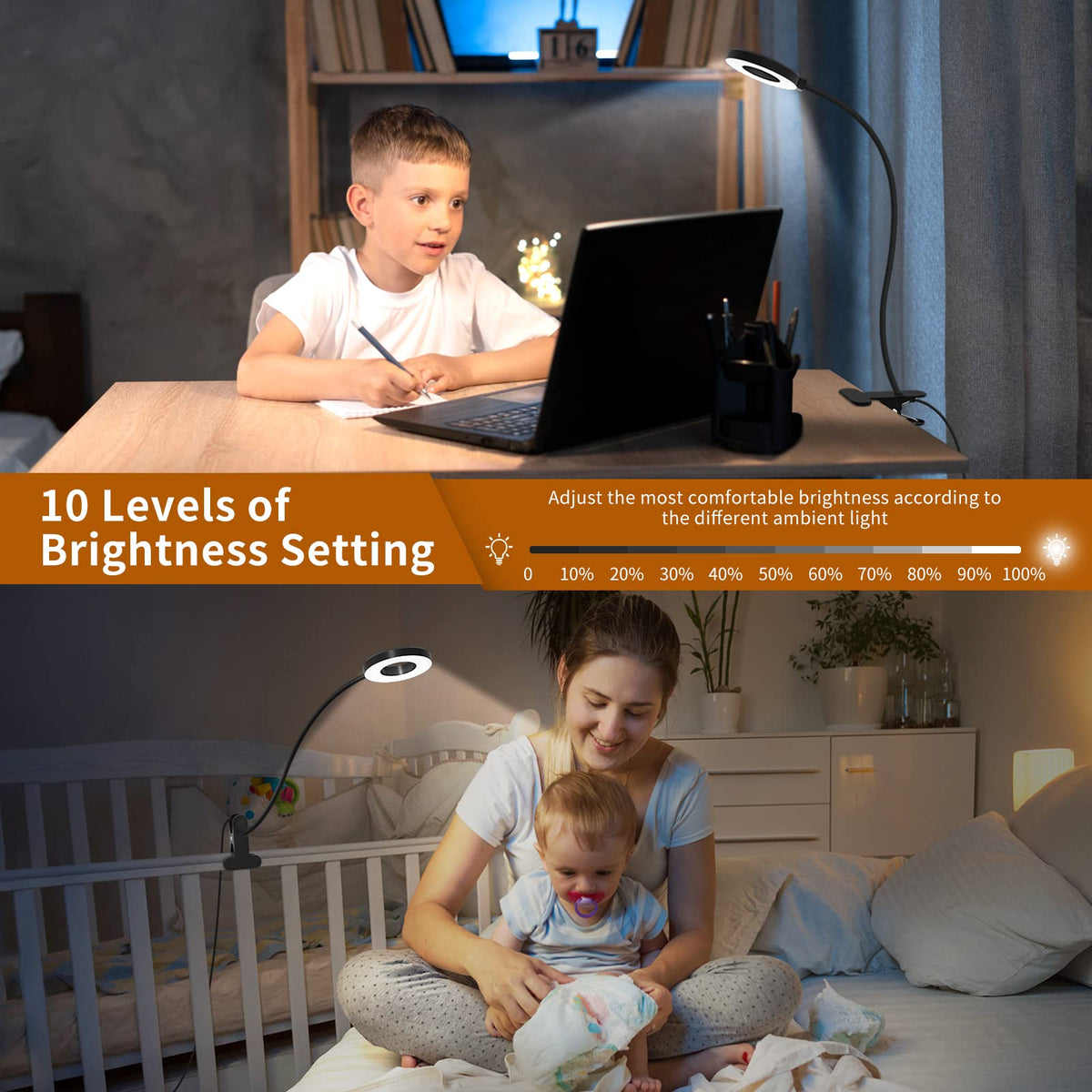 iZELL LED Desk Lamp -【3 Color Modes & 10 Brightness】 Eye Caring Clip on Clamp Light with 70cm Flexible Arm, Book Ring Light with Plug for Home Office, Kids, Reading, Clip on Table, Headboard
